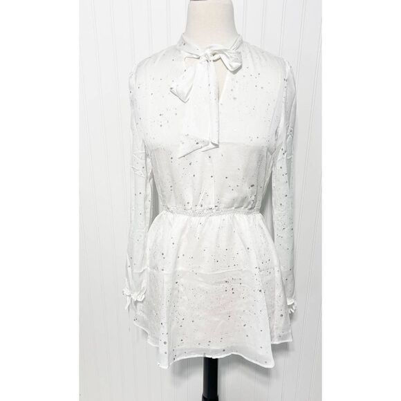 Avec Les Filles Long Sleeve Metallic Splatter Tie Crinkle Mini Dress White Small - Picture 15 of 15